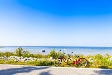 Red two-seater bike pictured in front of a coast line.